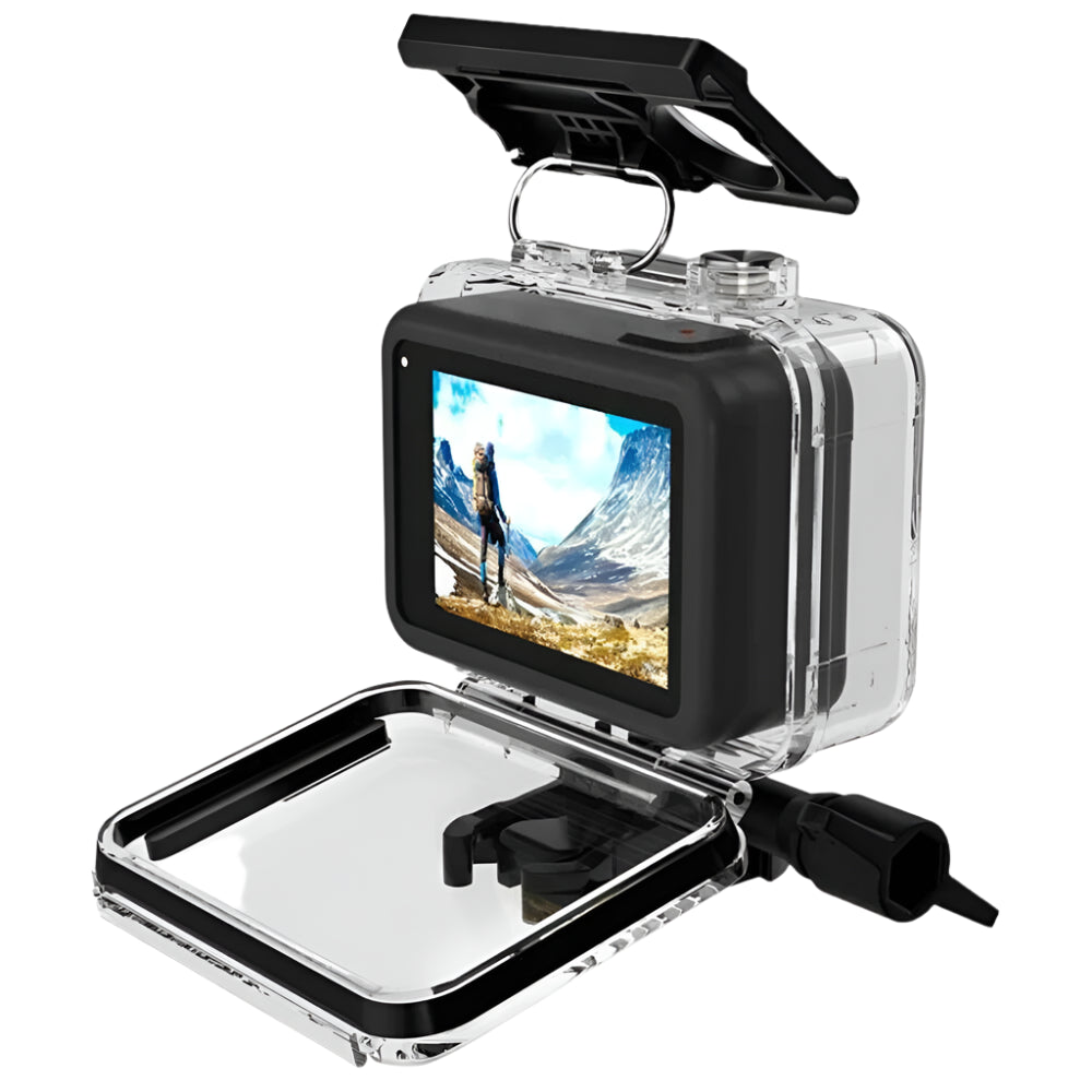 Carcasă pentru GoPro Hero 8 – vedere din spate, cu acces complet la ecran
