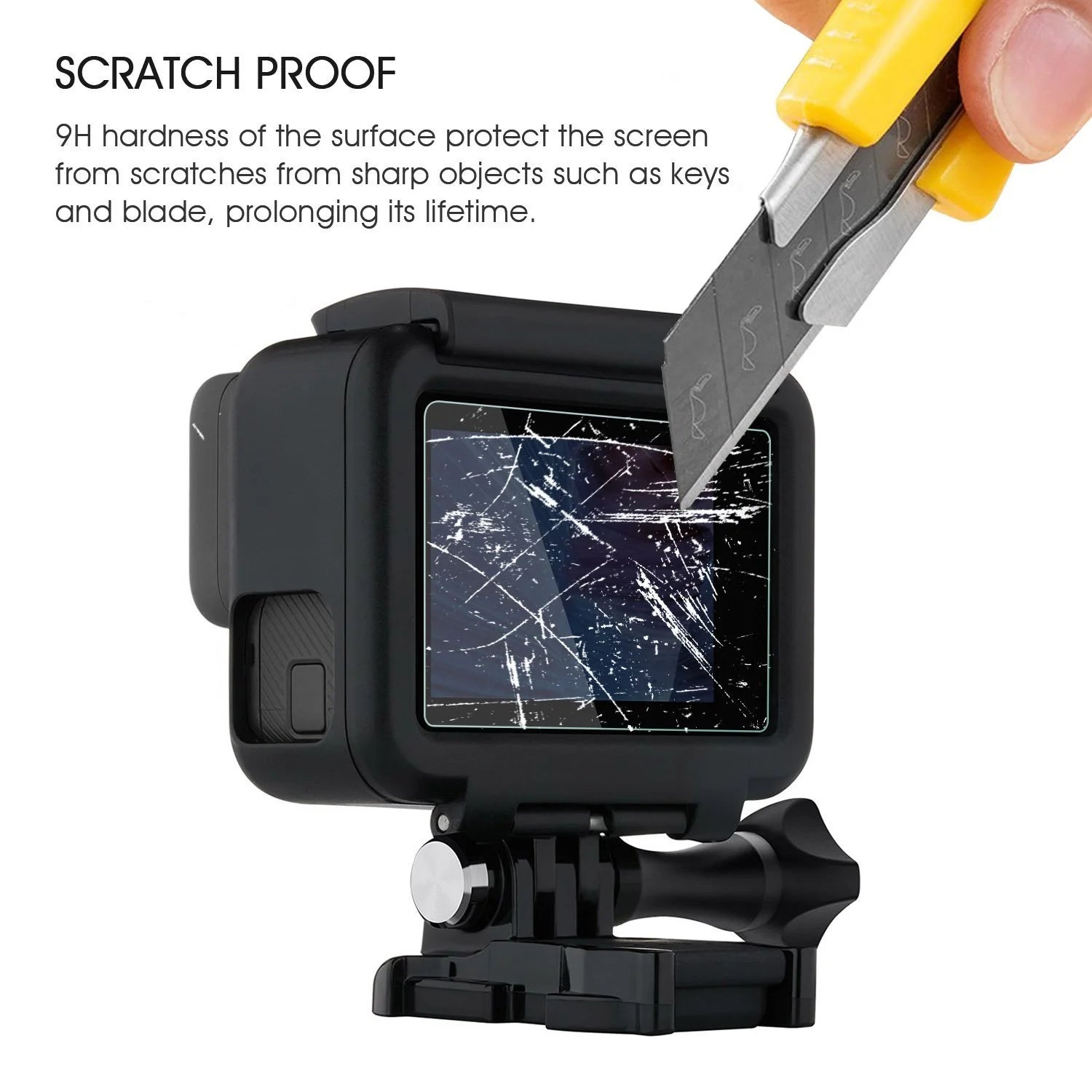 Test de rezistență la zgârieturi al foliei din sticlă securizată pentru GoPro Hero 5, 6 și 7