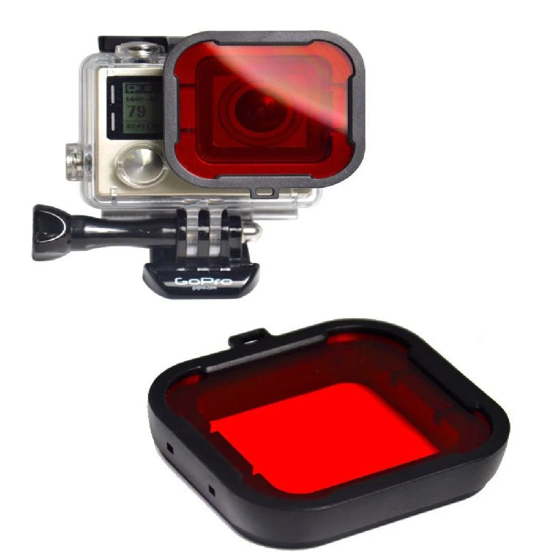 Filtru roșu montat pe carcasa GoPro Hero 4 pentru scufundări