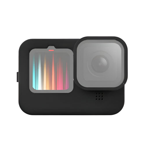 Carcasa de silicon montată pe GoPro Hero 9, 10, 11 sau 12 cu decupaje vizibile
